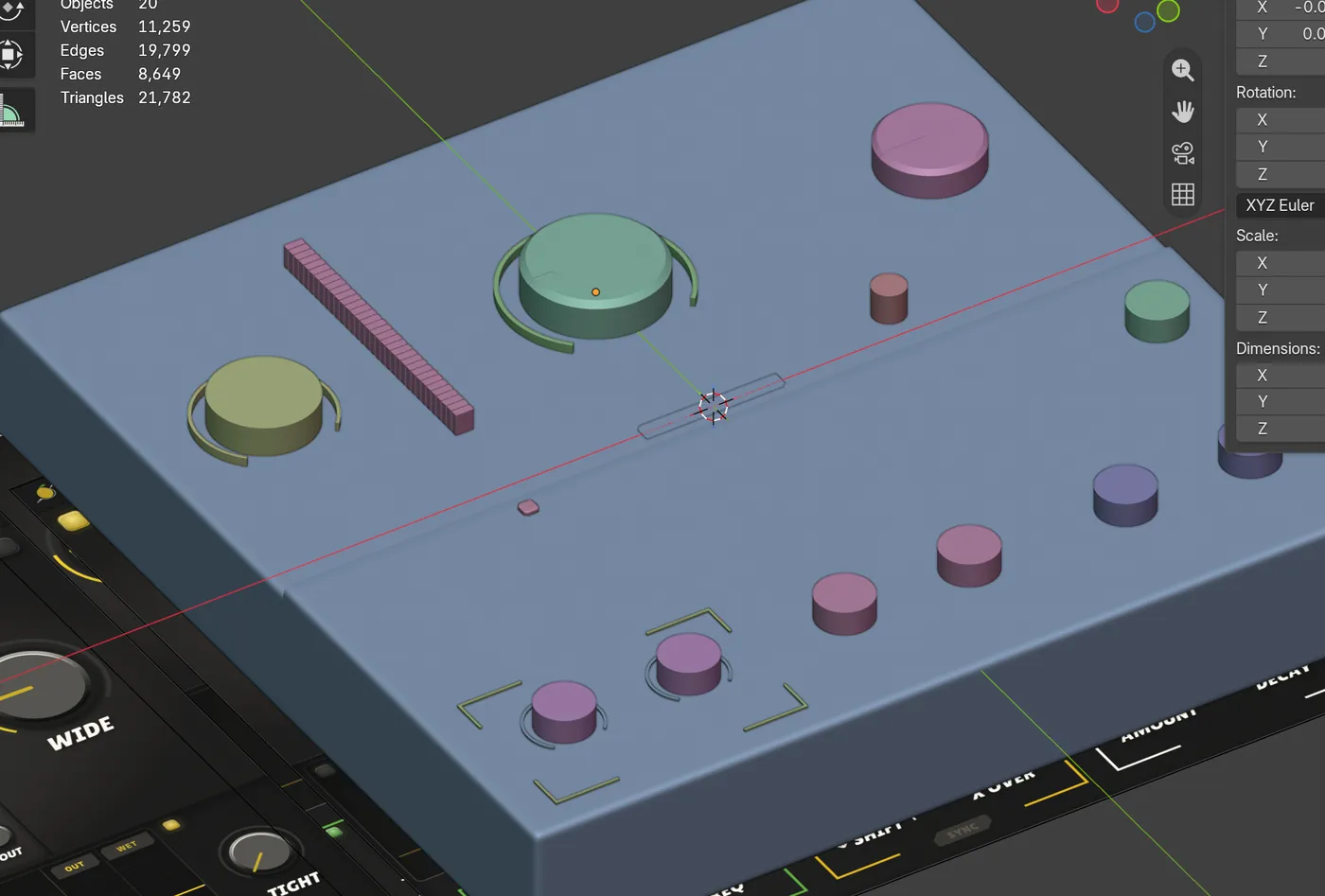 A grey blockout of the PHAT panel in Blender, knobs as plain cylinders