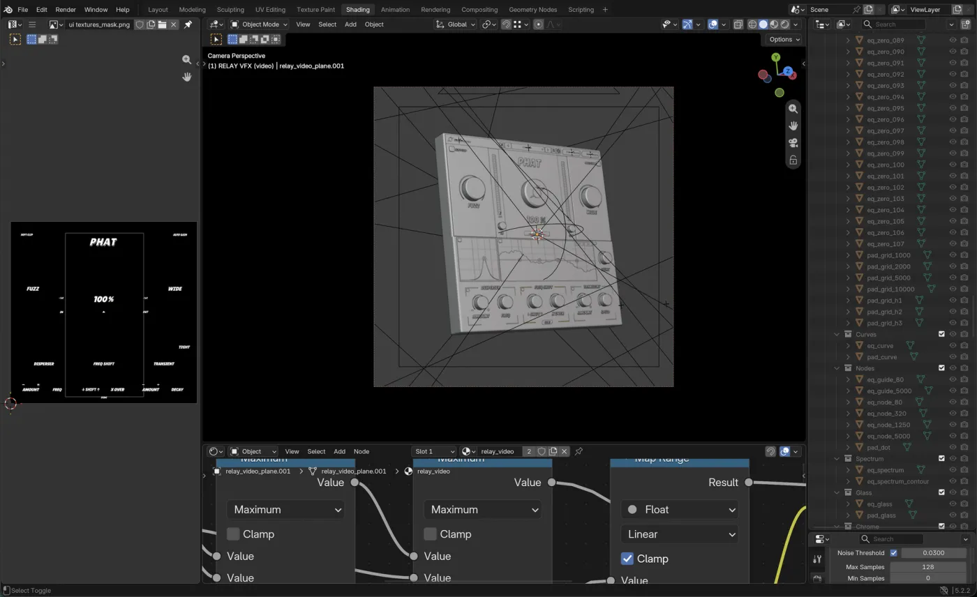 The PHAT model open in Blender's shading workspace, material nodes along the bottom