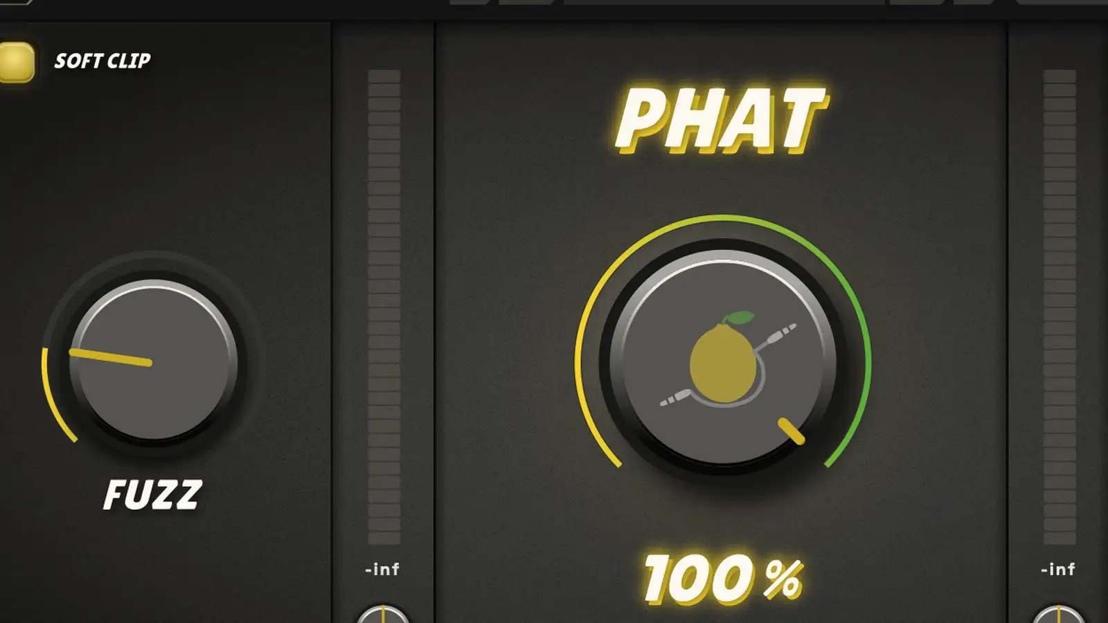 PHAT's main drive knob and the FUZZ tone pad